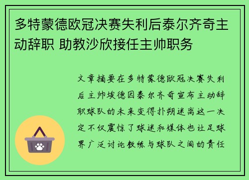 多特蒙德欧冠决赛失利后泰尔齐奇主动辞职 助教沙欣接任主帅职务